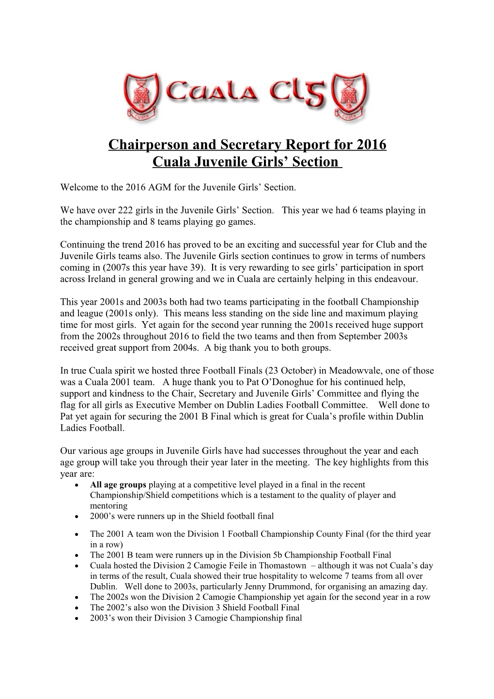 Chairperson and Secretary Report for 2016