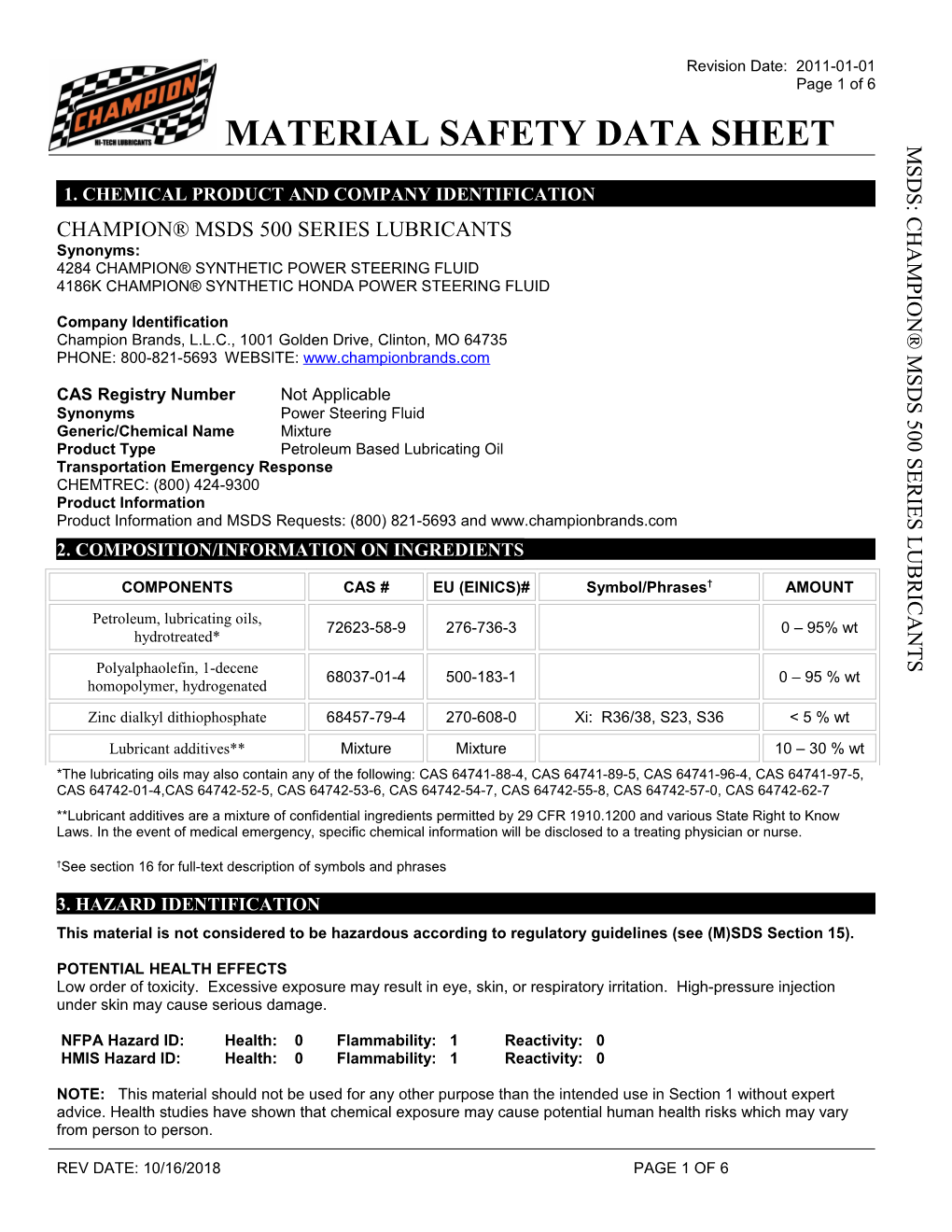 Champion Hi Tech Lubricants Material Safety Data Sheet