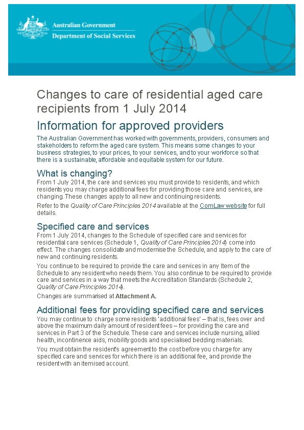 Changes to Care of Residential Aged Care Recipients from 1 July 2014