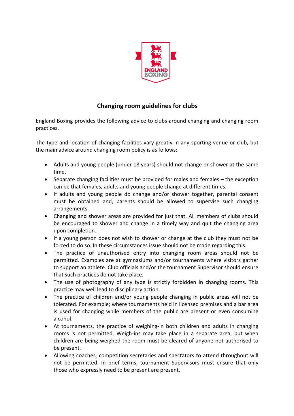 Changing Room Guidelines for Clubs