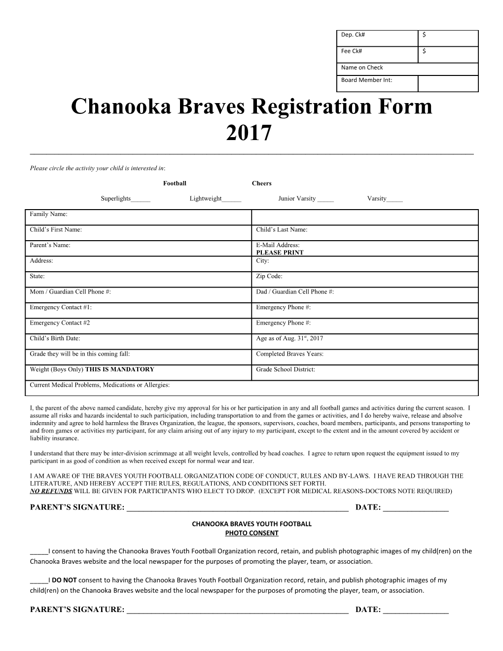 Chanooka Braves Registration Form