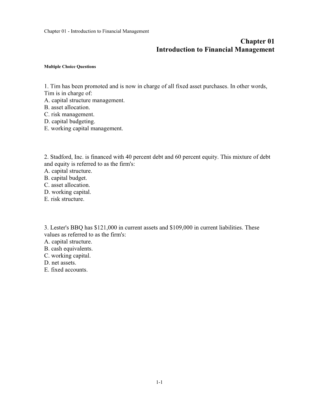 Chapter 01 Introduction to Financial Management