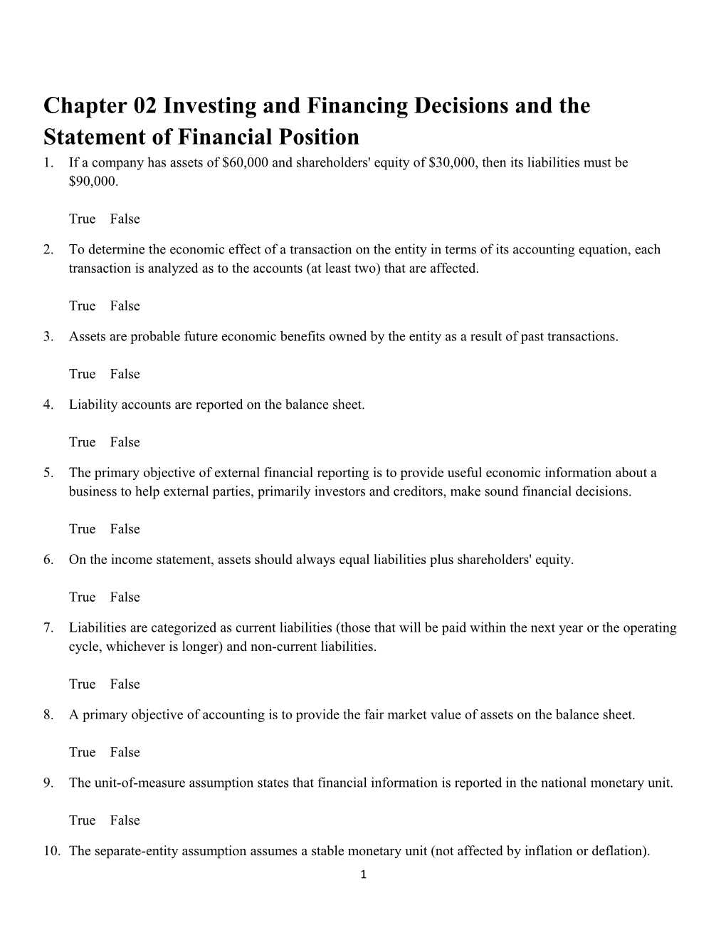 Chapter 02 Investing and Financing Decisions and the Statement of Financial Position