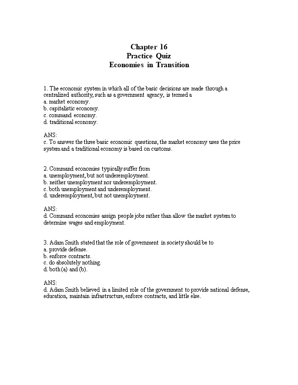 Chapter 16 Practice Quiz Economies in Transition