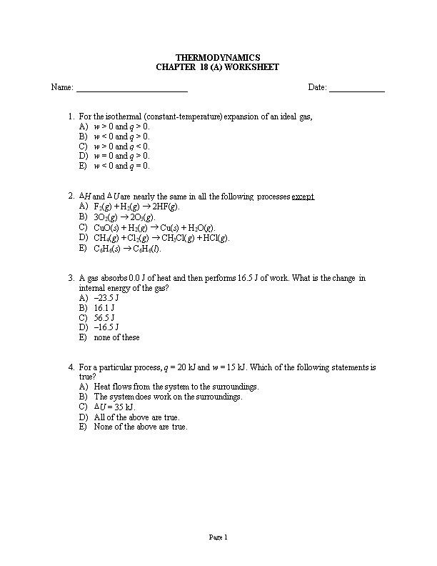 Chapter 18 (A) Worksheet