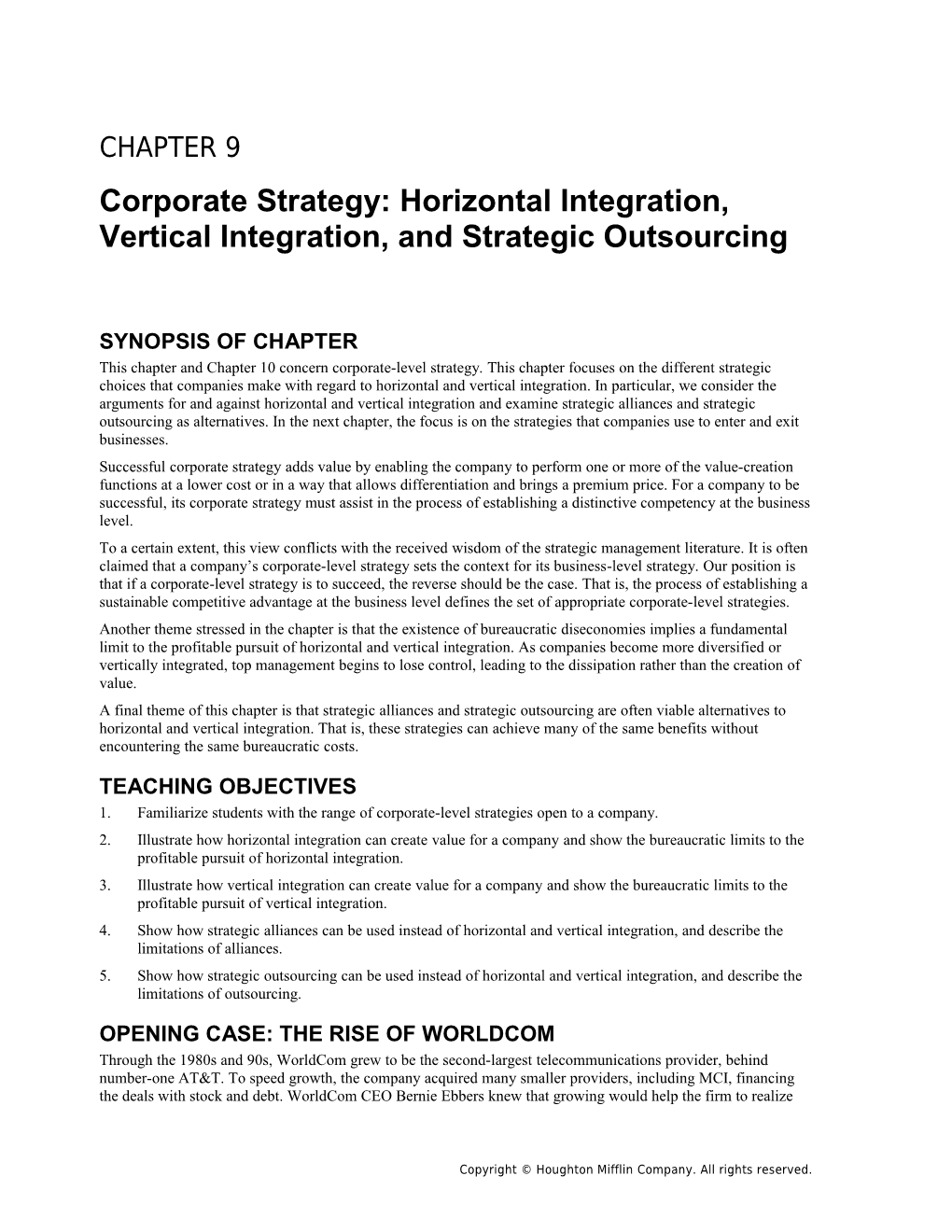 Chapter 9: Corporate Strategy: Horizontal and Vertical Integration, and Outsourcing1