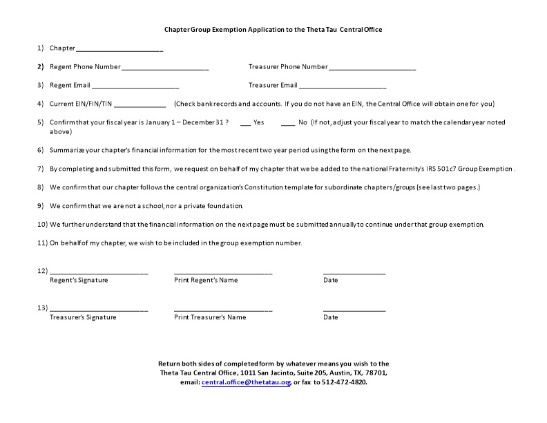 Chapter Group Exemption Application to the Theta Tau Central Office