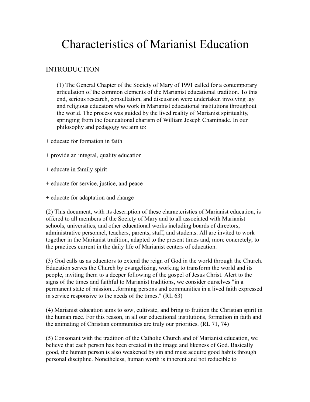 Characteristics of Marianist Education