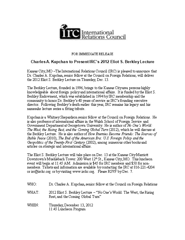Charles A. Kupchan to Present IRC S 2012 Eliot S. Berkley Lecture