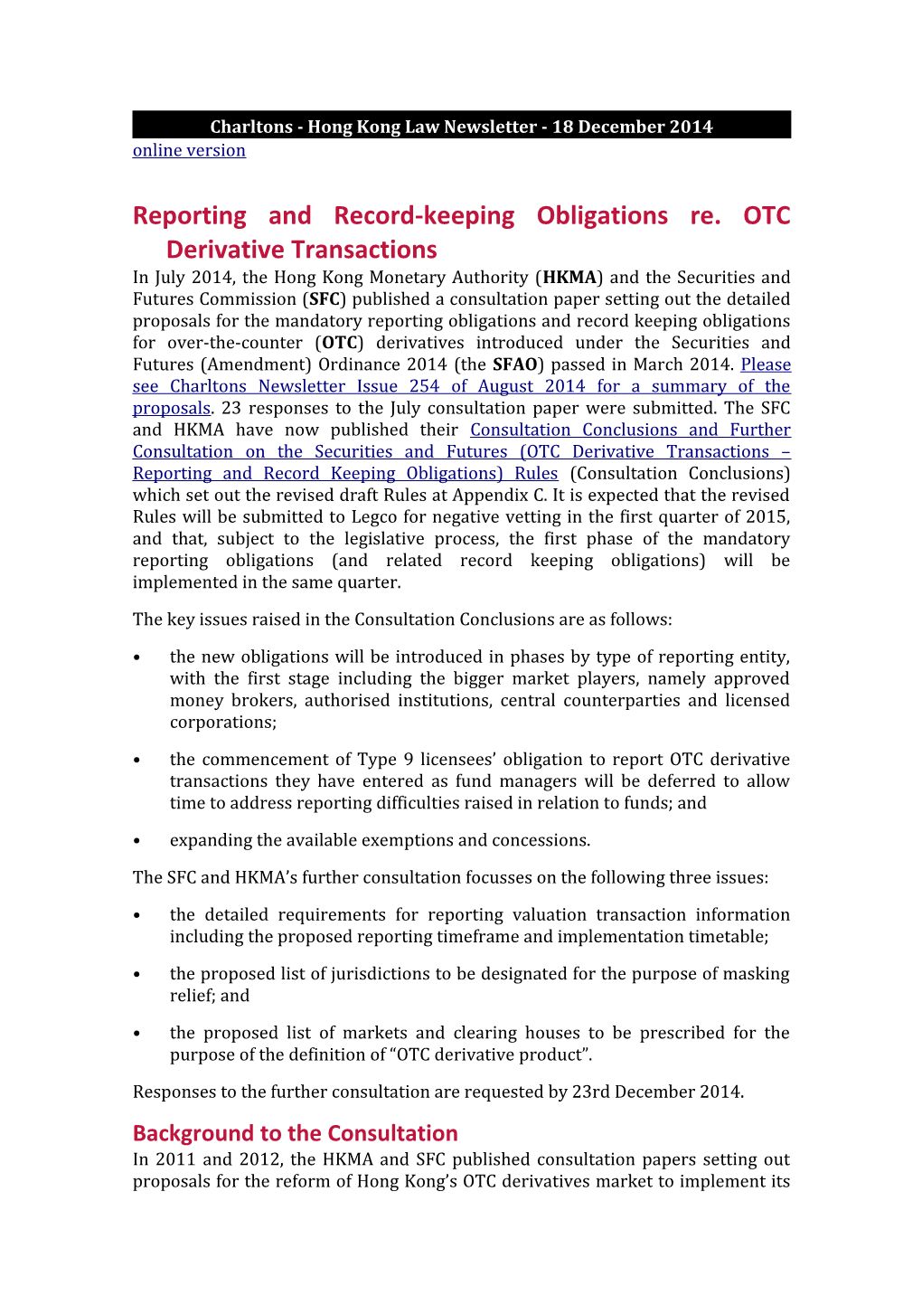 Charltons - Hong Kong Law Newsletter - 18 December 2014