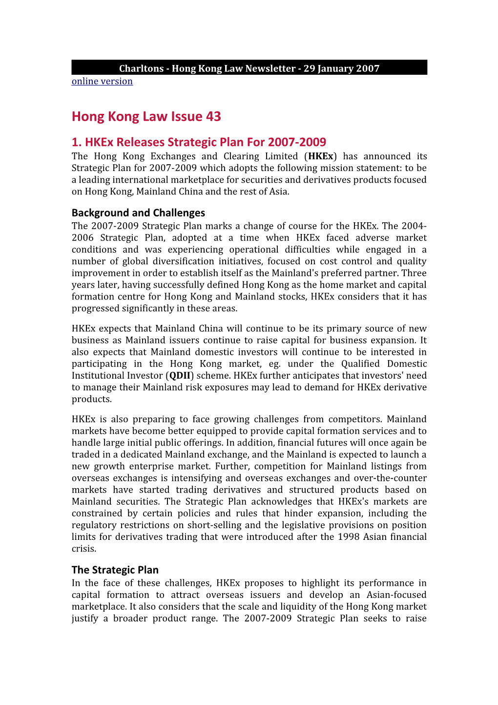 Charltons - Hong Kong Law Newsletter - 29 January 2007