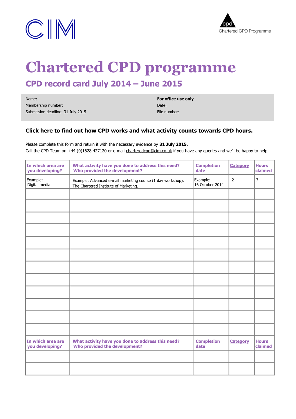 Chartered CPD Programme Record Card 2014/2015
