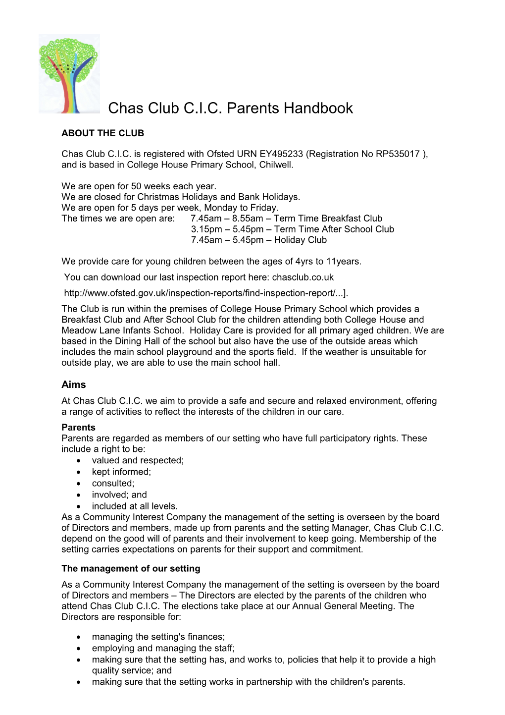 Chas Club C.I.C.Parents Handbook