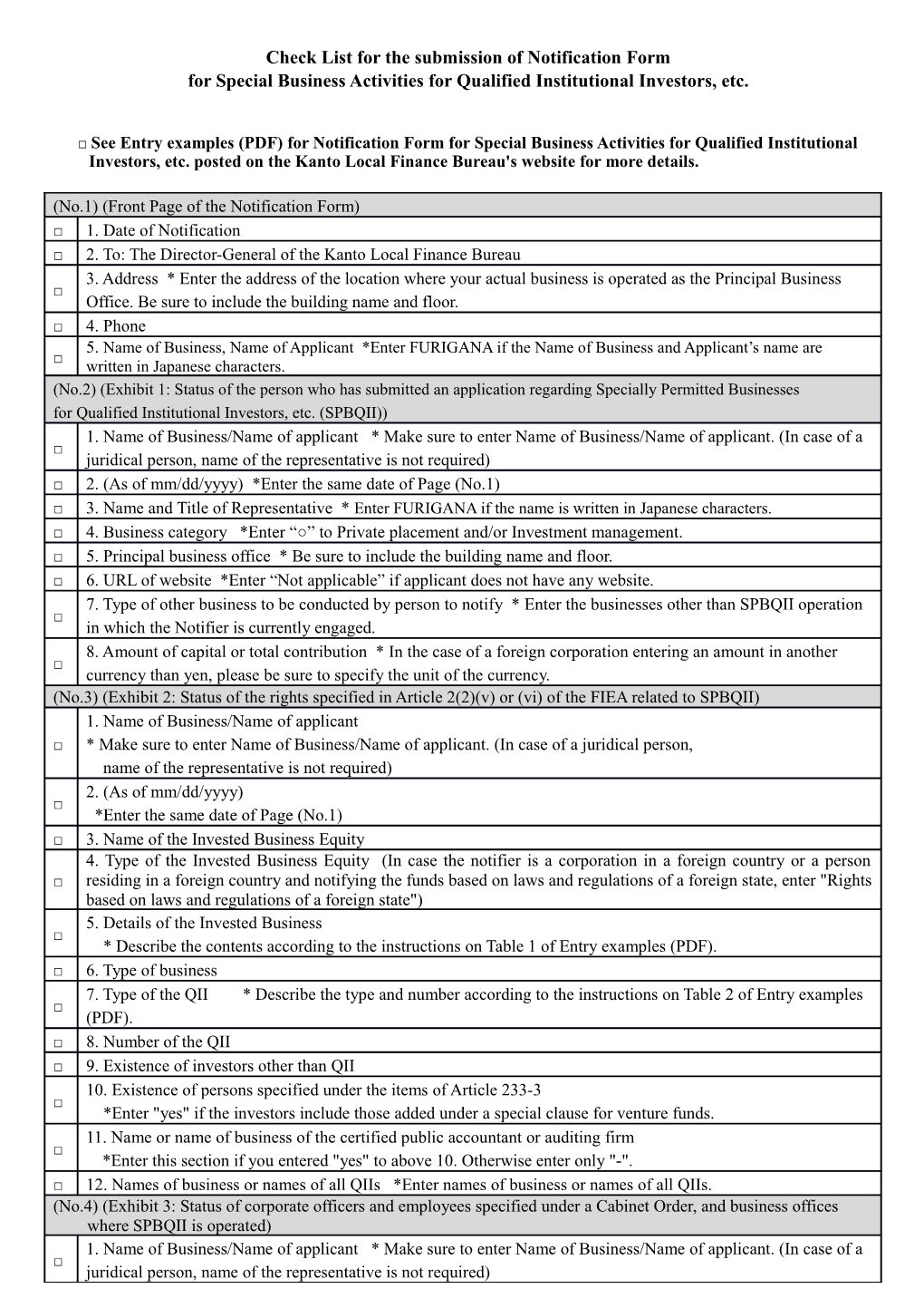 Check List for the Submission of Notification Form