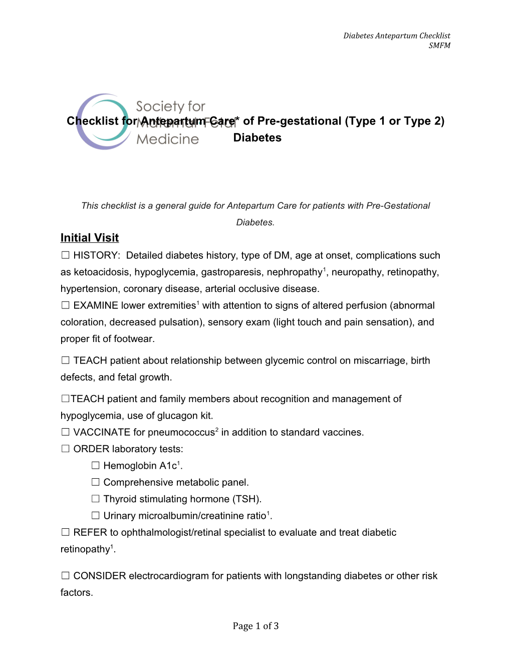 Checklist for Antepartum Care* of Pre-Gestational (Type 1 Or Type 2)