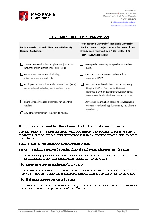 Checklist for Hrec Applications