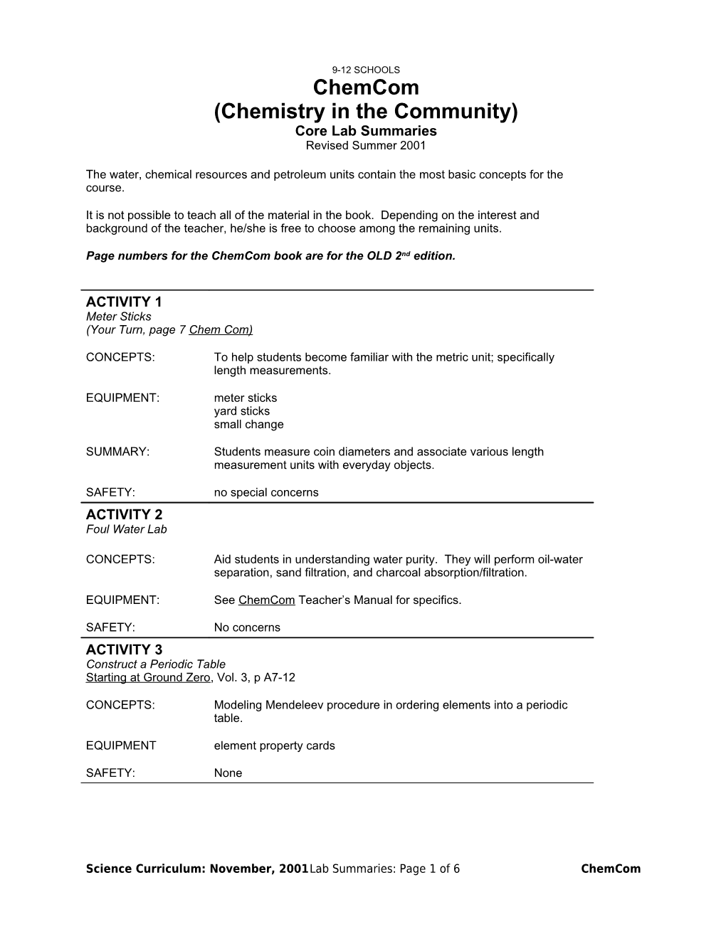 Chemcom Core Lab Summaries