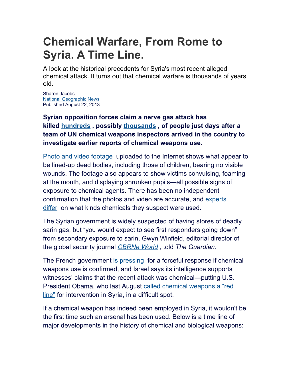 Chemical Warfare, from Rome to Syria.A Time Line