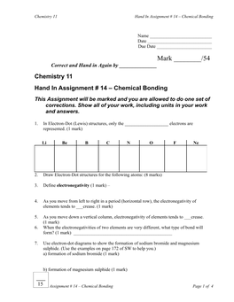 Chemistry 11Hand in Assignment # 14 Chemical Bonding