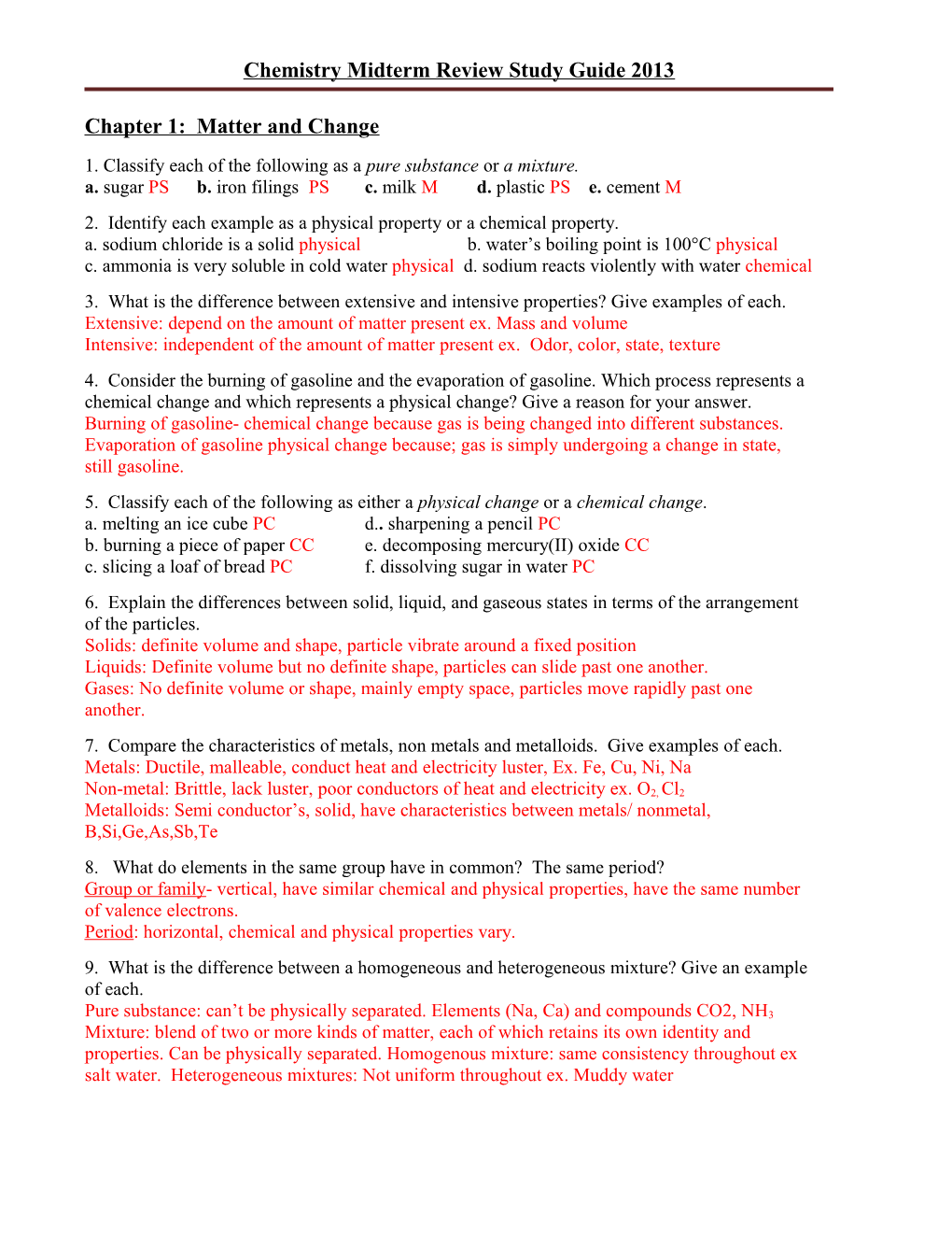 Chemistry Midterm Review Study Guide 2012