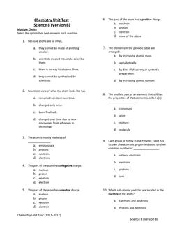 Chemistry Unit Exam (Accelerated - Version A)