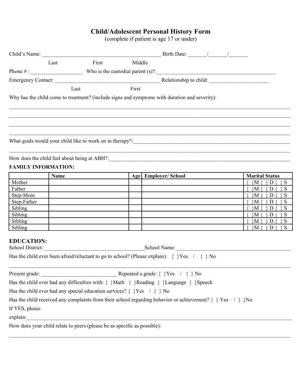 Child/Adolescent Personal History Form