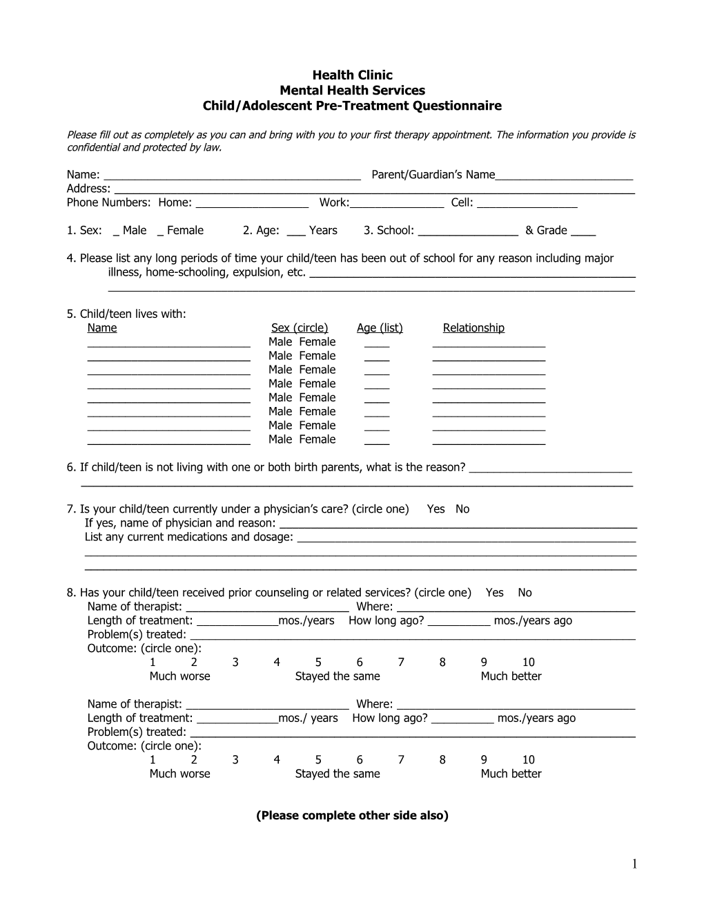 Child/Adolescentpre-Treatment Questionnaire