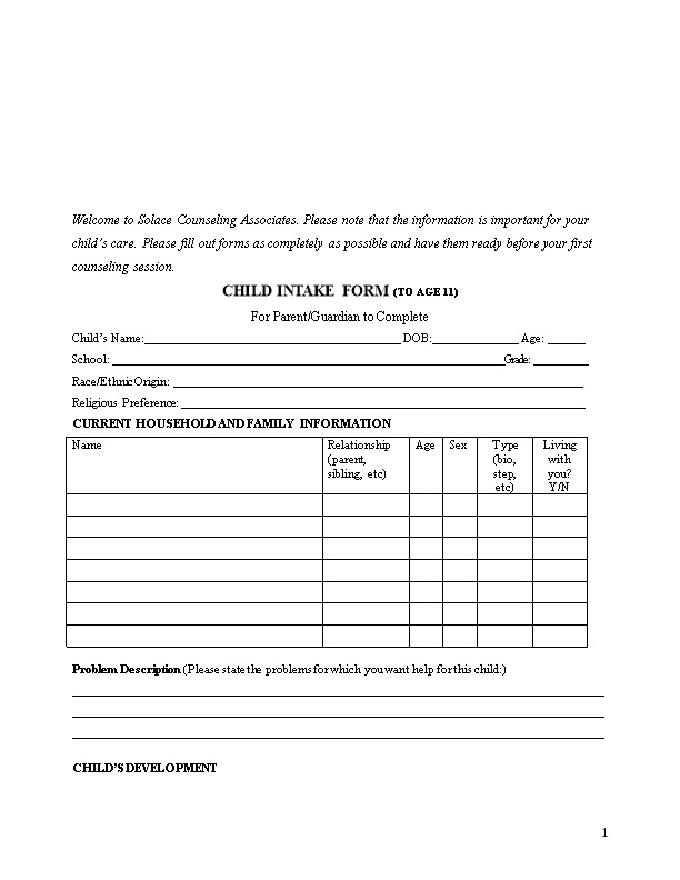 Child Intake Form (To Age 11)