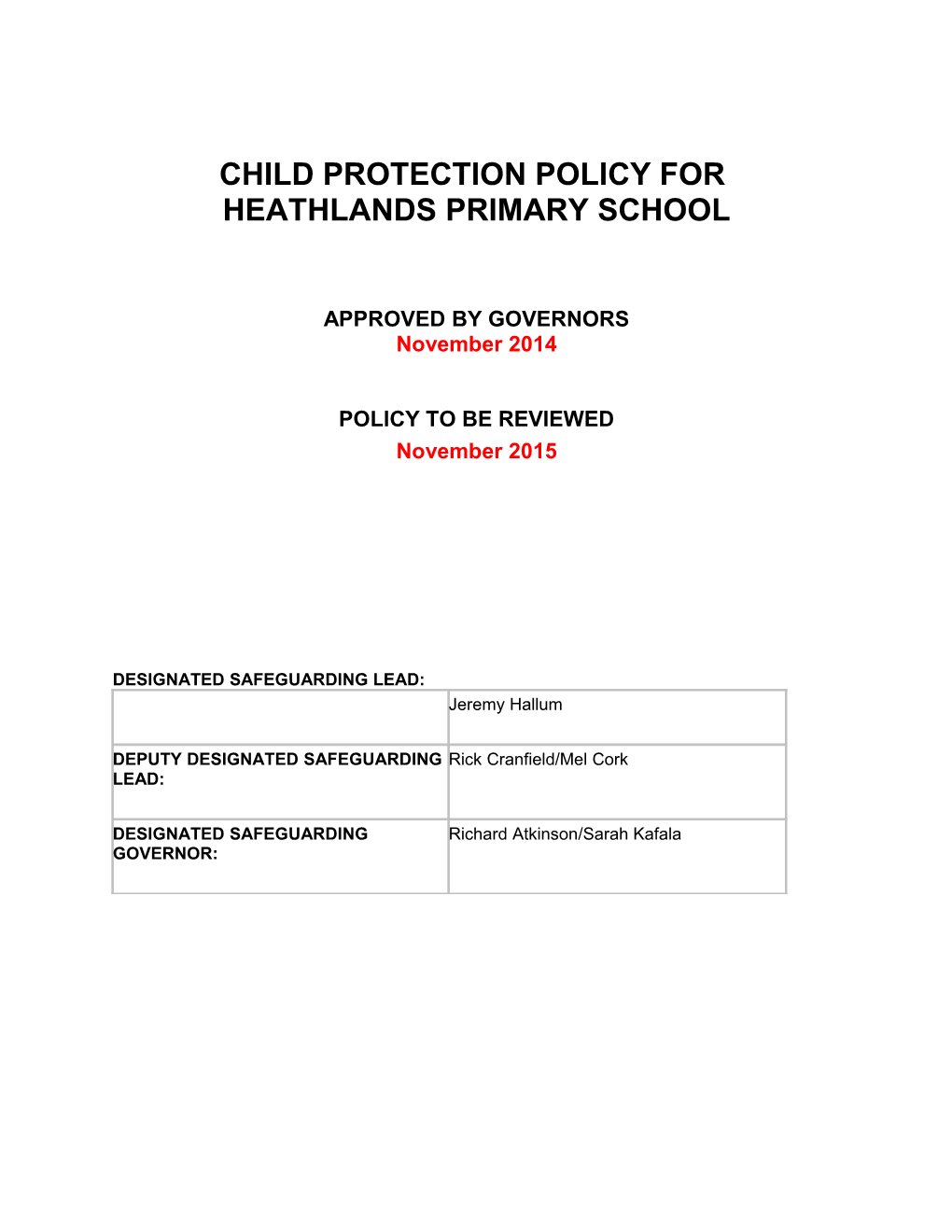 Child Protection Policy for Heathlands Primaryschool