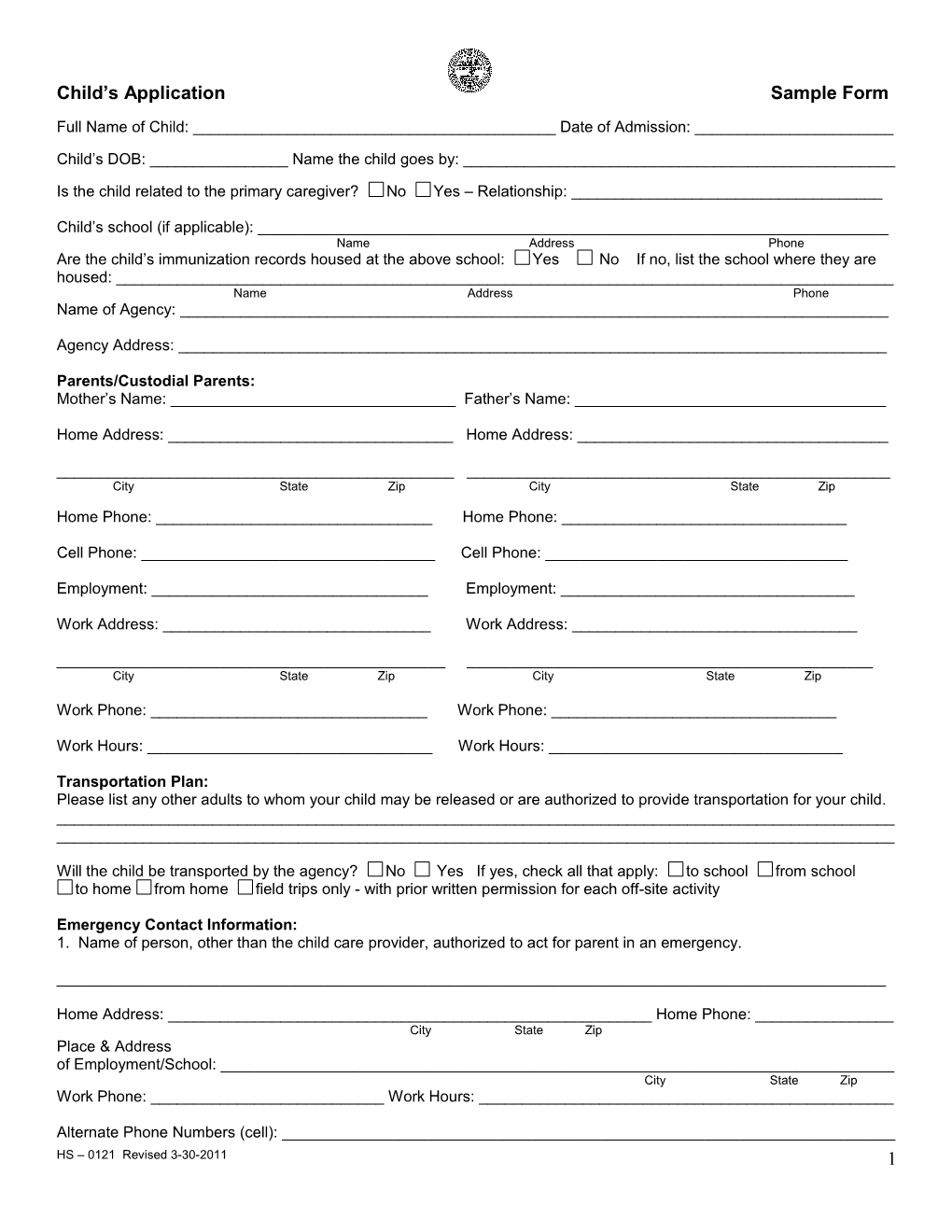 Child S Application Sample Form
