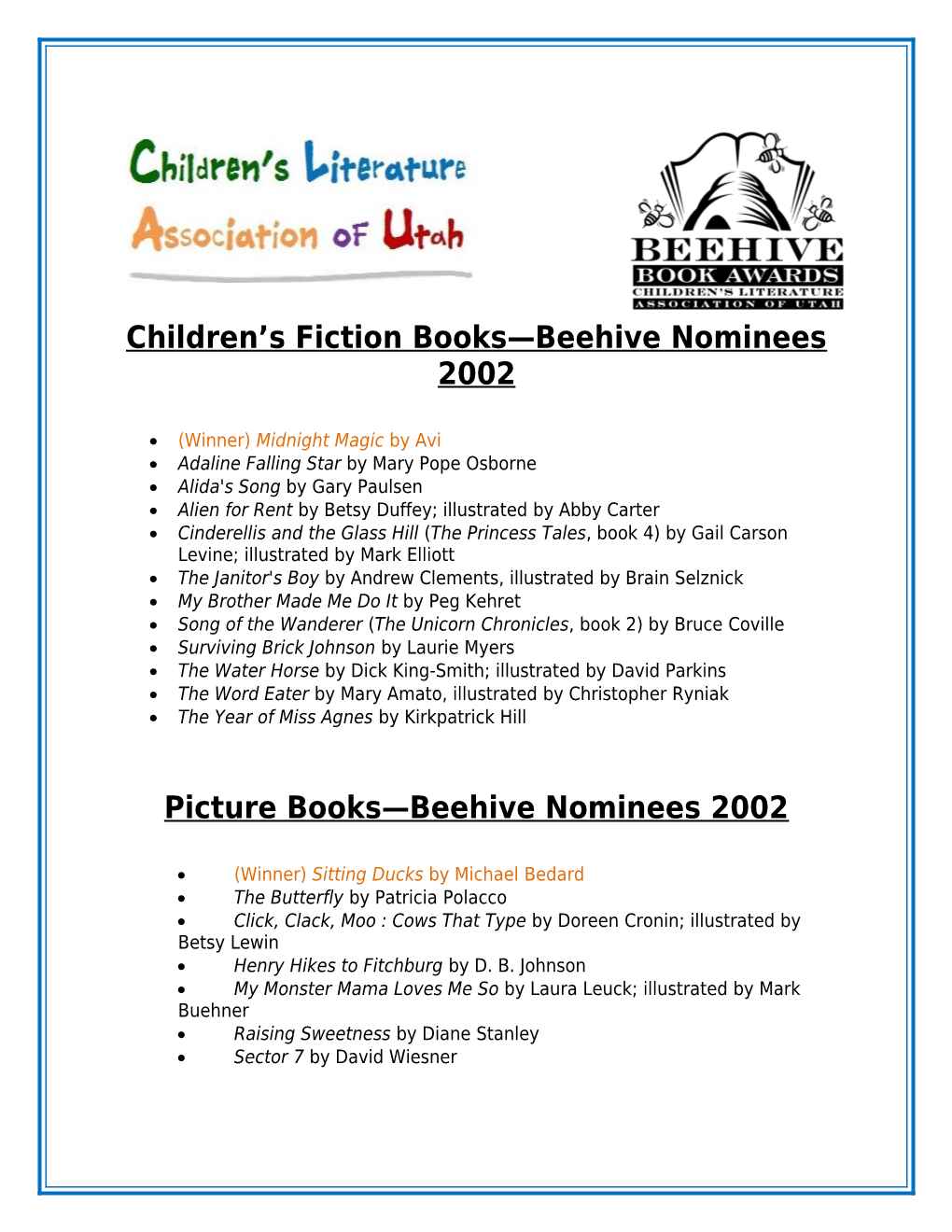 Children S Fiction Books Beehive Nominees 2002