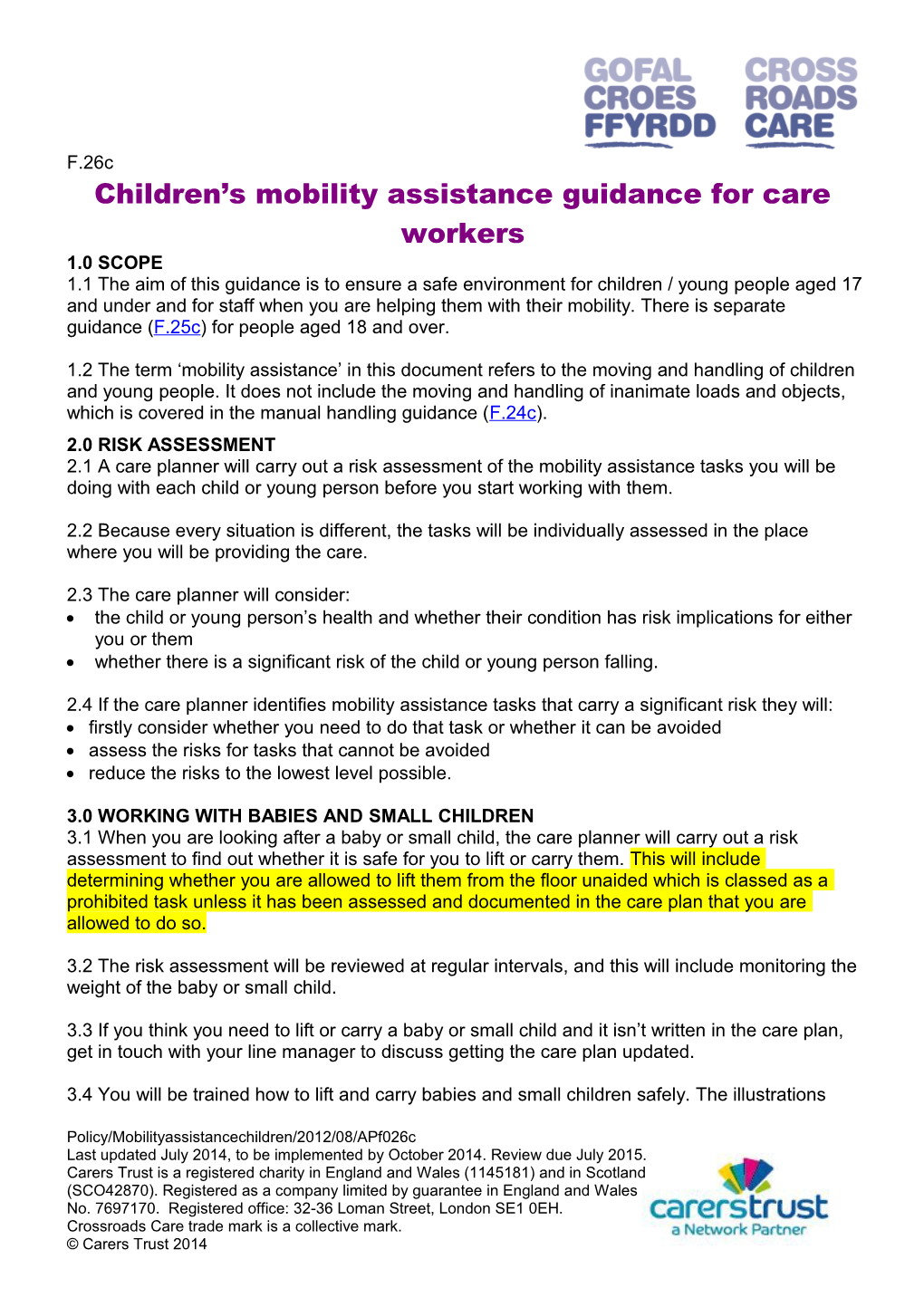 Children S Mobility Assistance Guidance for Care Workers