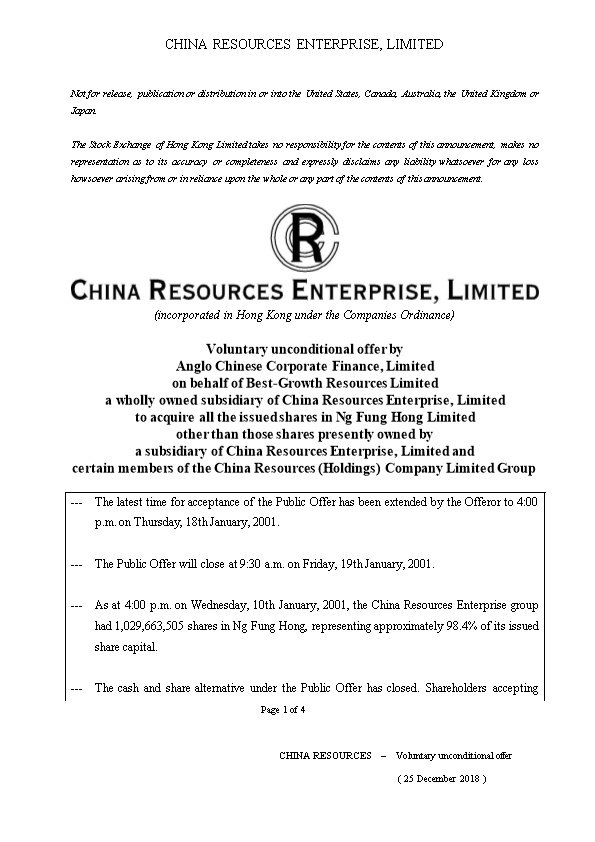 CHINA RESOURCES 0291 - Announcement