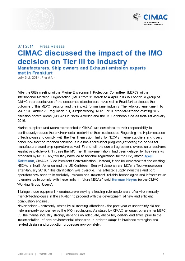CIMAC Discussed the Impact of the IMO Decision on Tier III to Industry