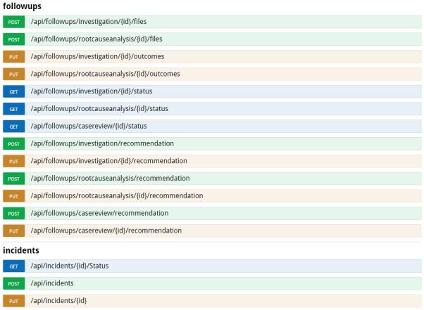 List of API incident and follow up end points in Swagger View