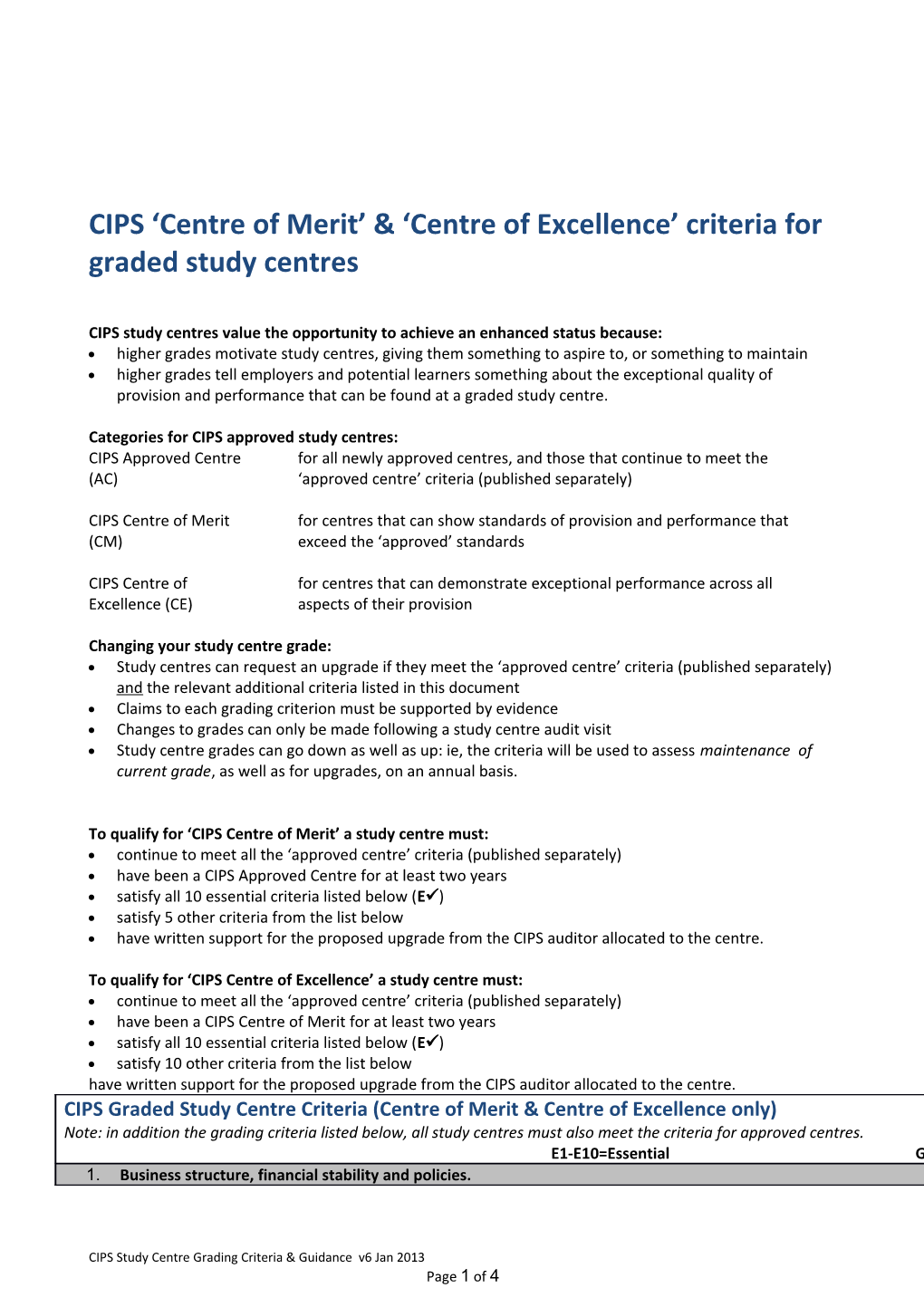 CIPS Centre of Merit & Centre of Excellence Criteria for Graded Study Centres