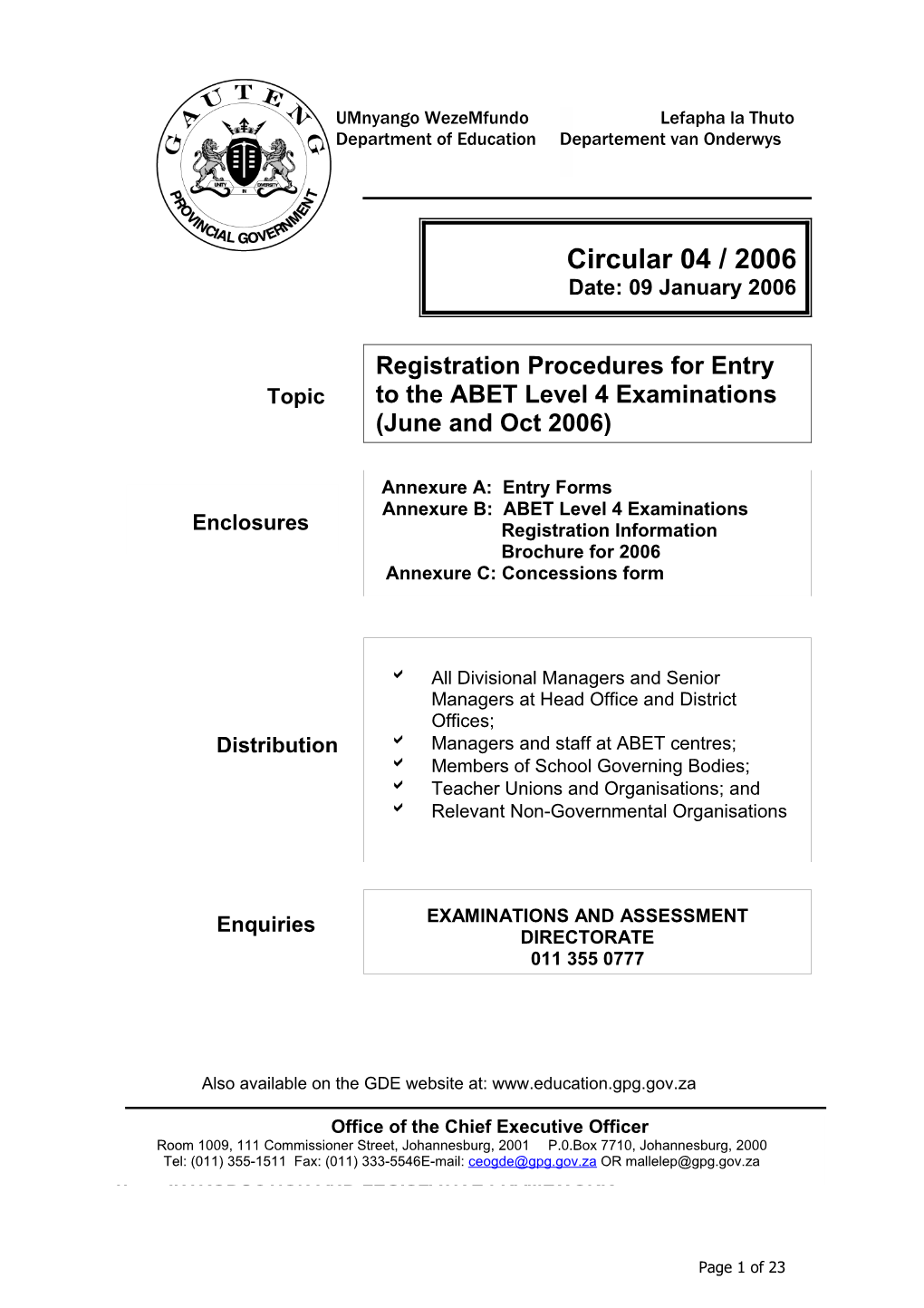 Circular 04 Registration Procedures for Entry to the ABET Level 4 Examinations (June And