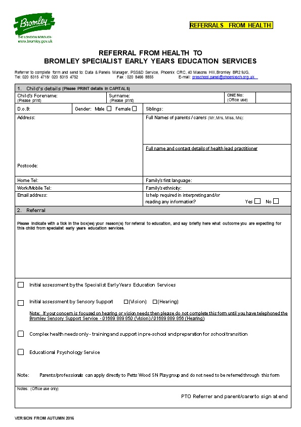 Circular 108-10 Bromley Early Support Pre-School Panel Referral Form
