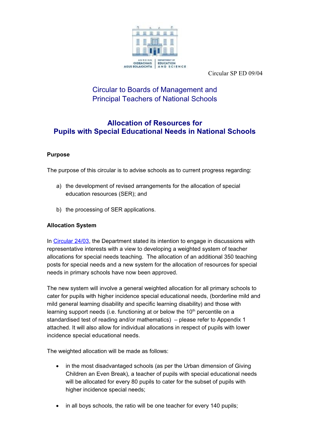 Circular SP ED 09/04 - Allocation of Resources for Pupils with Special Educational Needs