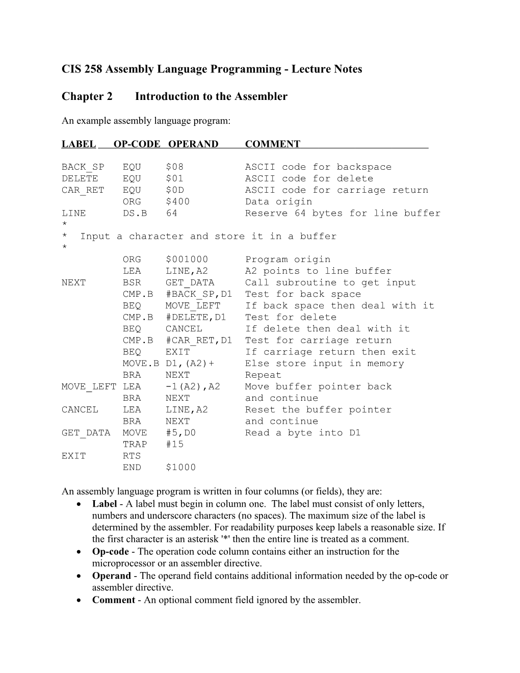 CIS 258 Assembly Language Programming - Lecture Notes