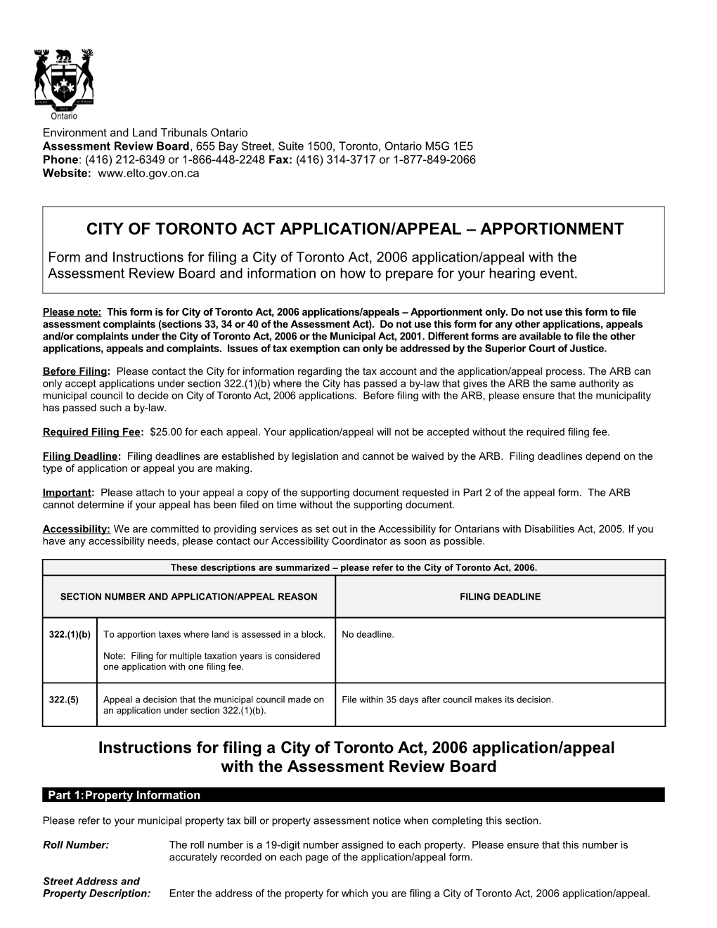 City of Toronto Act Application/Appeal Apportionment