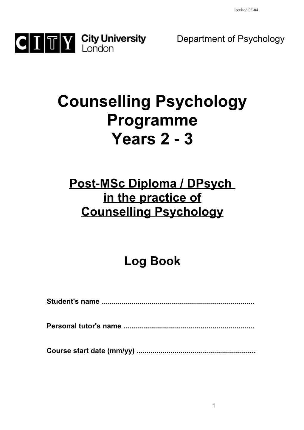 City University - About the Log Book - Counselling Psychology Year 2-3