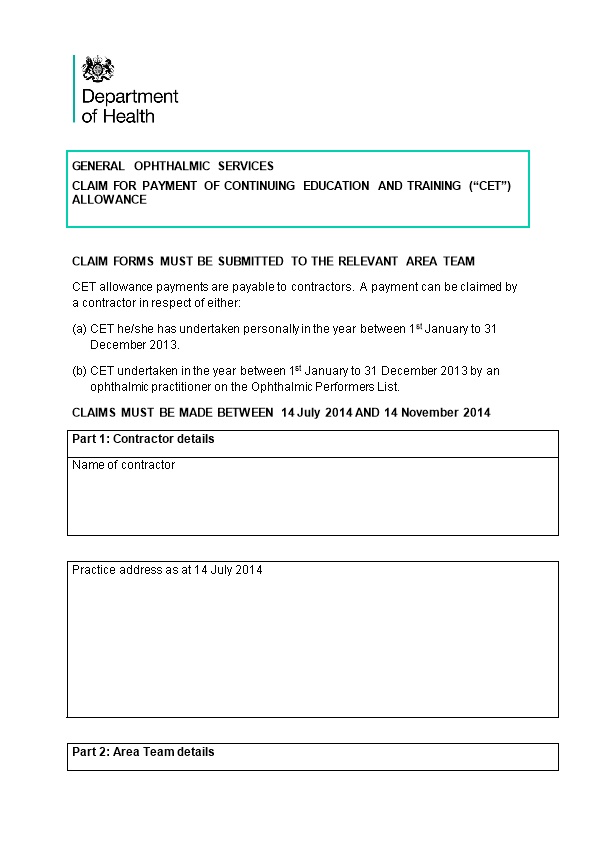 Claim Forms Must Be Submitted to the Relevant Area Team