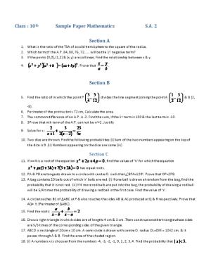 Class : 10Th Sample Paper Mathematics S.A. 2