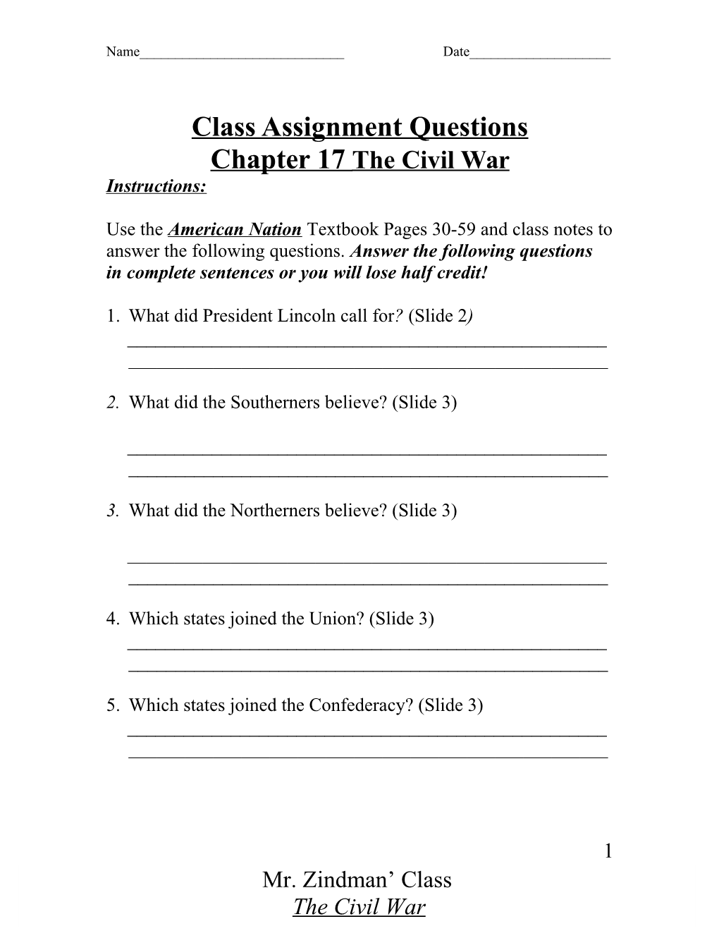 Class Assignment Questions