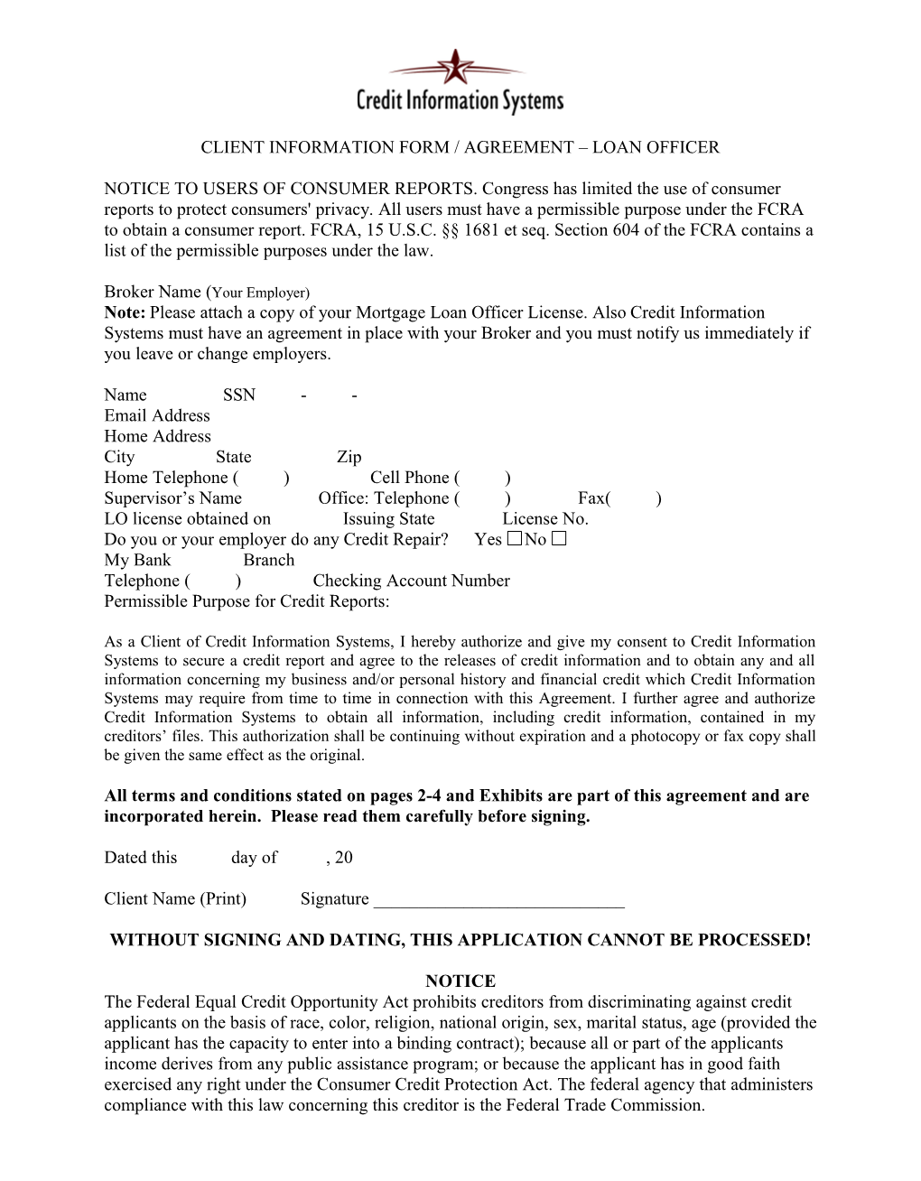 Client Information Form / Agreement Loan Officer