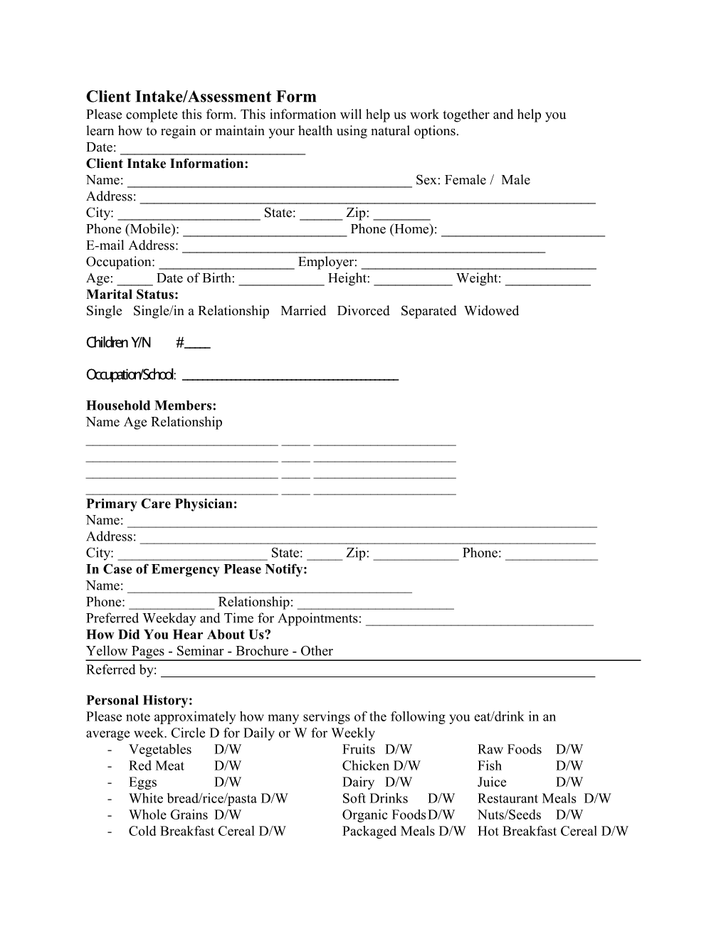 Client Intake/Assessment Form