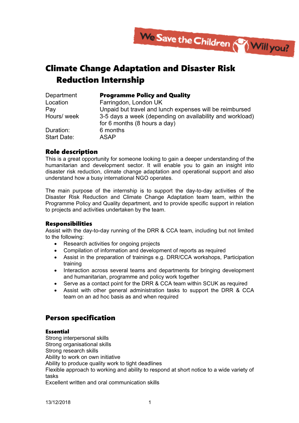 Climate Change Adaptation and Disaster Risk Reductioninternship