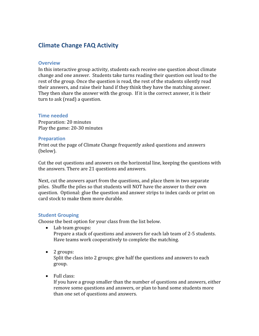 Climate Change FAQ Activity