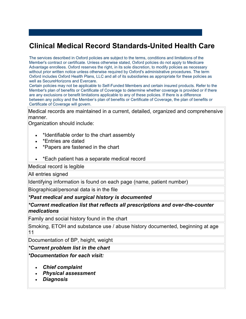 Clinical Medical Record Standards-United Health Care
